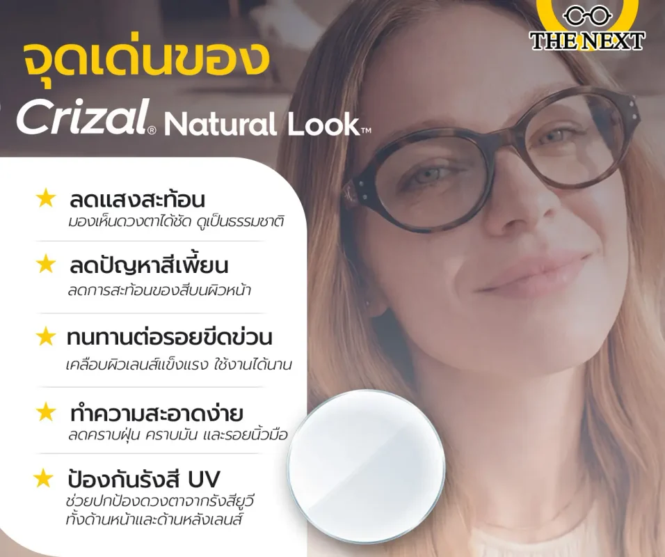 จุดเด่นของ Crizal® Natural Look™
1. แสงสะท้อนแนบเนียน (Discreet Reflection) ลดแสงสะท้อนรบกวนบนหน้าเลนส์ได้อย่างแนบเนียนที่สุด ทำให้คนอื่นมองเห็นดวงตาของคุณได้ชัดเจน ไม่ดูหลอกตา
2. ประสิทธิภาพด้านการมองเห็น ให้สีที่ดูเป็นธรรมชาติมากขึ้น ลดปัญหาการเพี้ยนของสี และลดความอมเหลืองของเนื้อเลนส์
3. ไม่ทิ้งคุณสมบัติเด่นของ Crizal® มีประสิทธิภาพในการป้องกันรอยขีดข่วน ป้องกันฝุ่น คราบหยดน้ำ และป้องกันรังสียูวีในระดับสูง